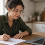 Young woman at a kitchen table writing her first resume on paper next to an open laptop