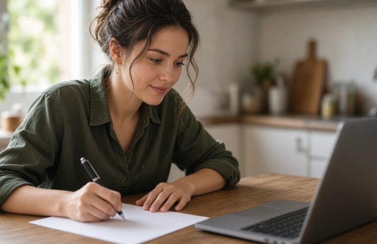 Young woman at a kitchen table writing her first resume on paper next to an open laptop