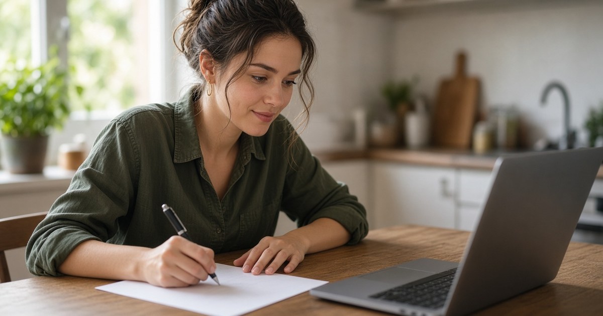 Young woman at a kitchen table writing her first resume on paper next to an open laptop
