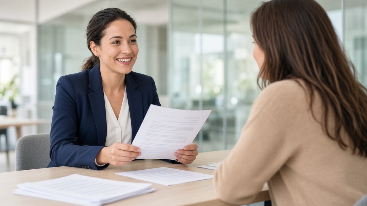 Recruiter reviewing a one-page resume with a job seeker across a desk