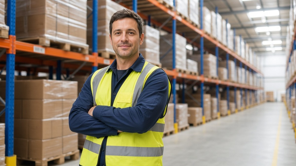 Warehouse worker in a safety vest standing in an aisle of pallet racks